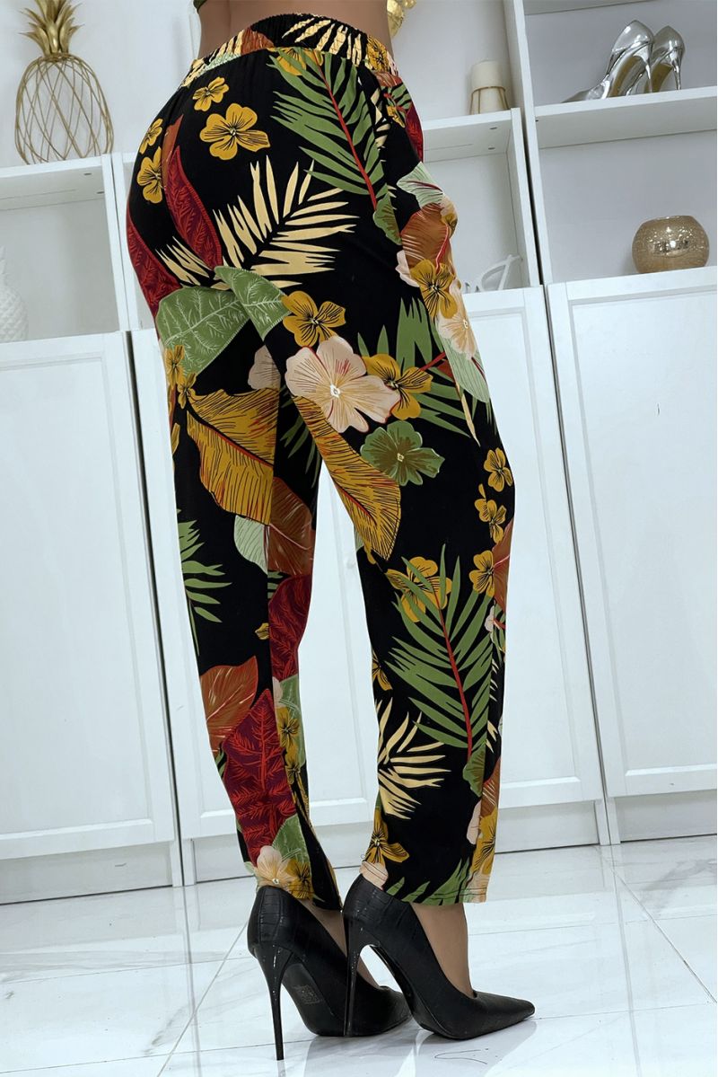 Flowing black/mustard pants with floral pattern B-24 - 4