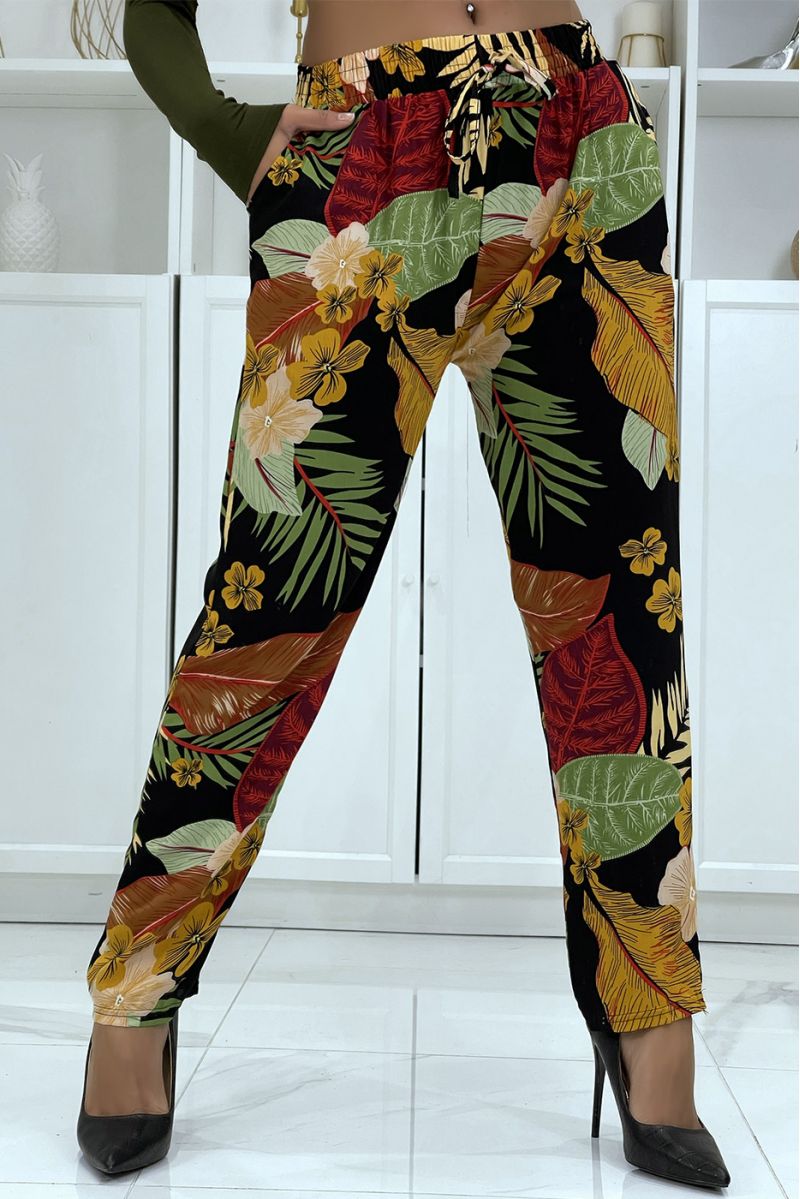 Flowing black/mustard pants with floral pattern B-24 - 5