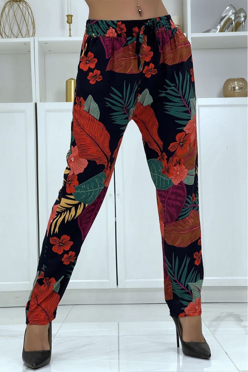 Pantalon fluide noir/rouge à motif floral B-24 - 5