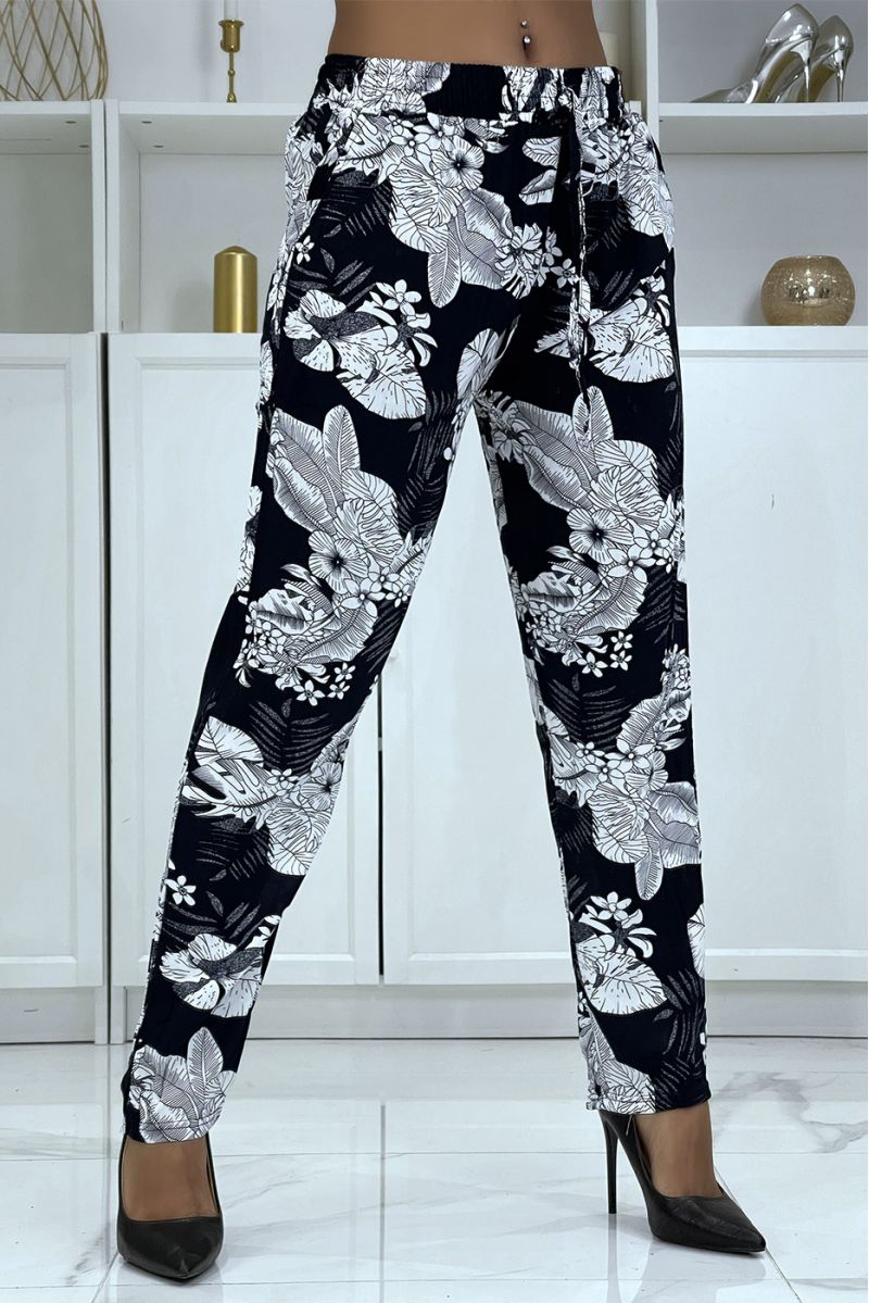 Navy fluid pants with floral pattern B-47 - 1