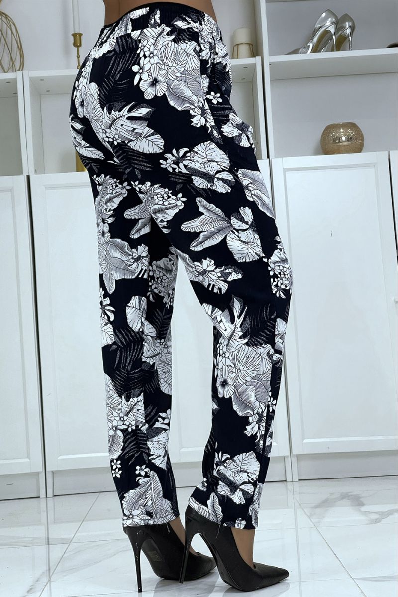Navy fluid pants with floral pattern B-47 - 3