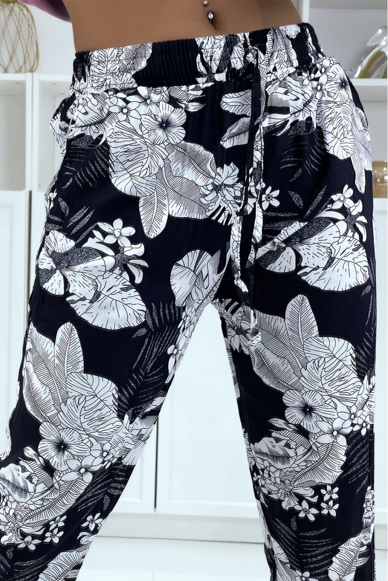 Navy fluid pants with floral pattern B-47 - 4