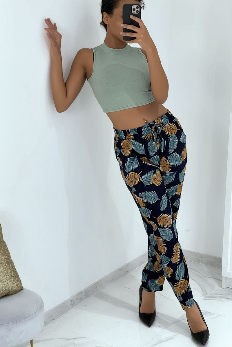Fluid navy pants with floral pattern B-28 - 1