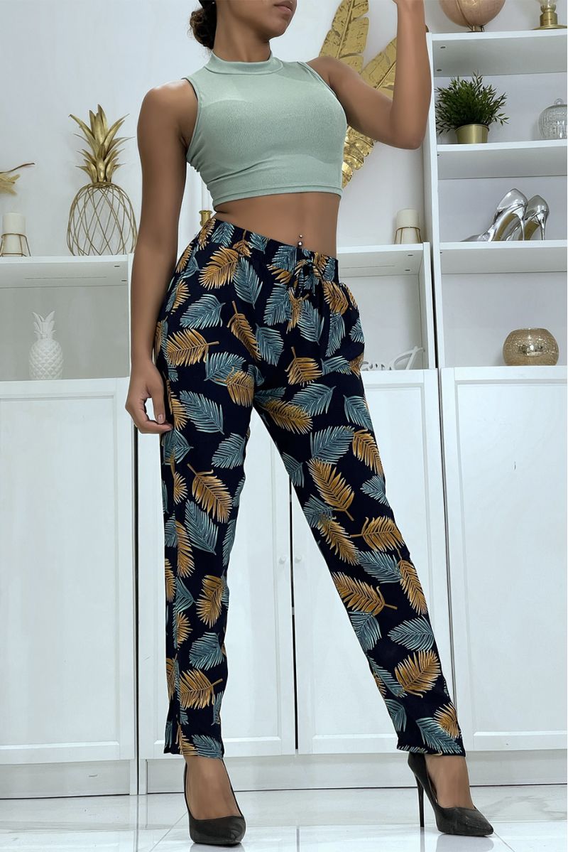 Fluid navy pants with floral pattern B-28 - 2