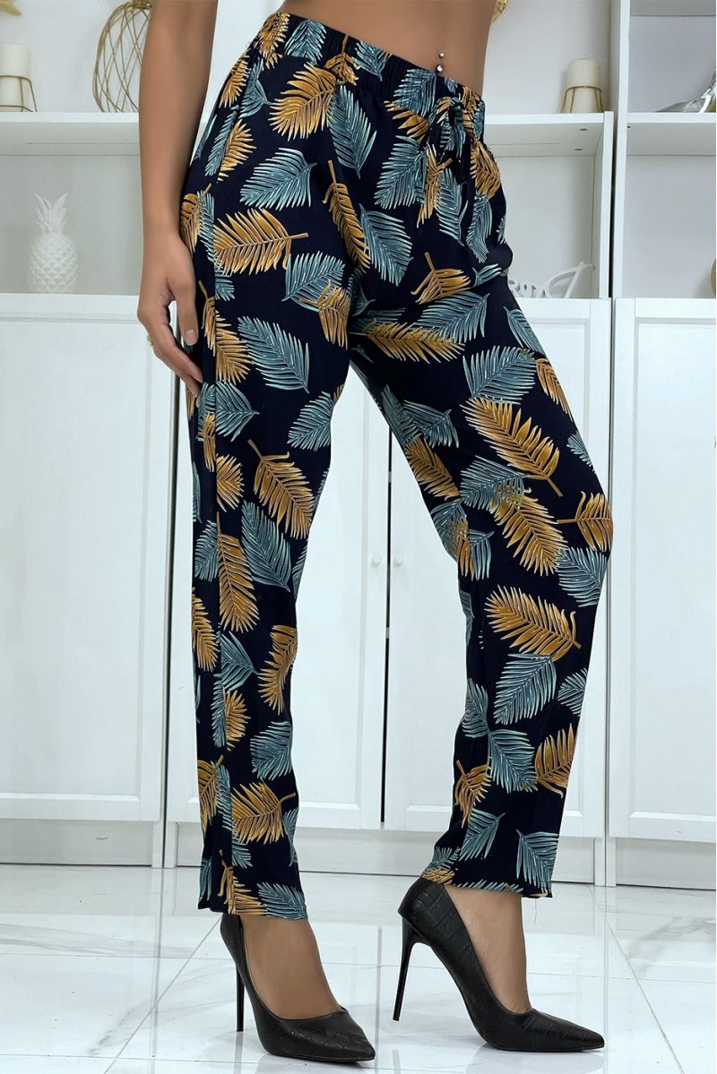 Fluid navy pants with floral pattern B-28 - 4