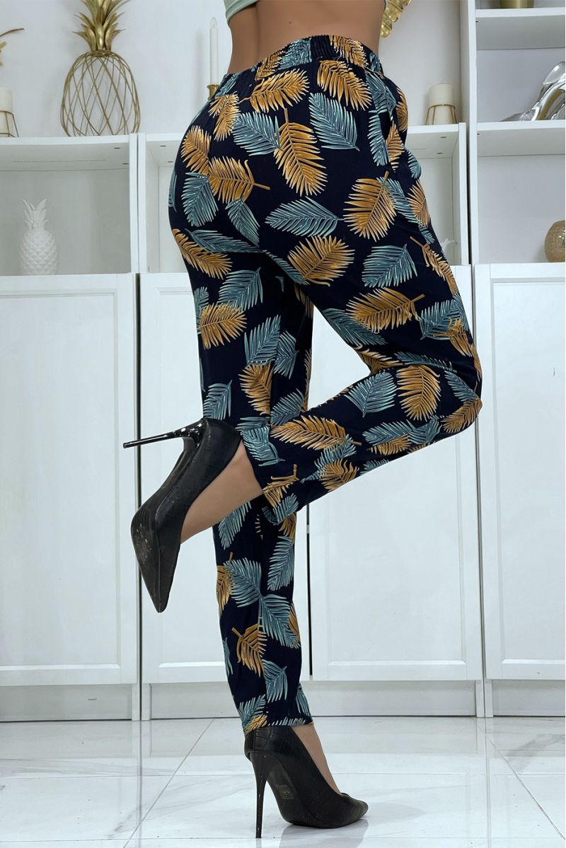 Fluid navy pants with floral pattern B-28 - 5