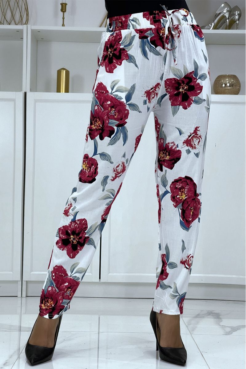 Pantalon fluide blanc à motif floral B-11 - 3