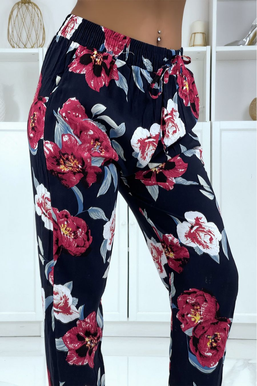 B-11 fluid navy pants with floral pattern - 1