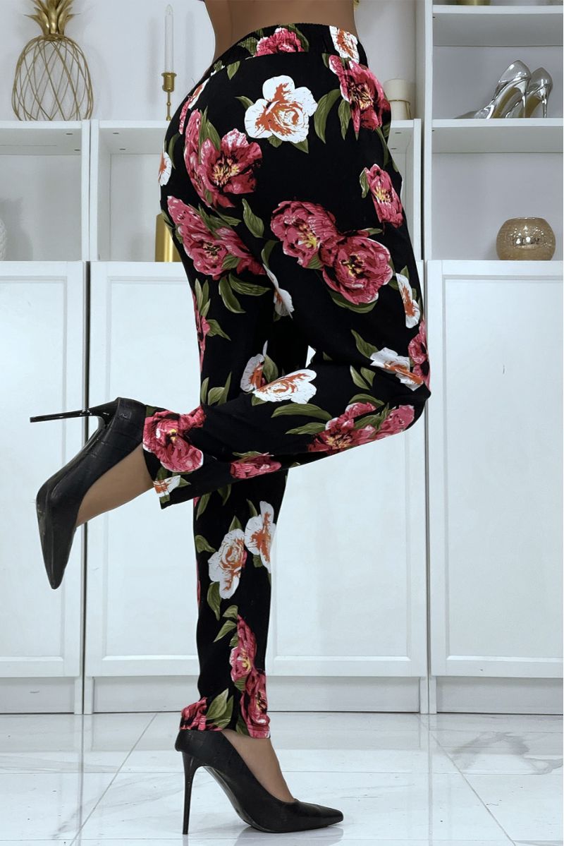 Pantalon fluide noir à motif floral B-11 - 1
