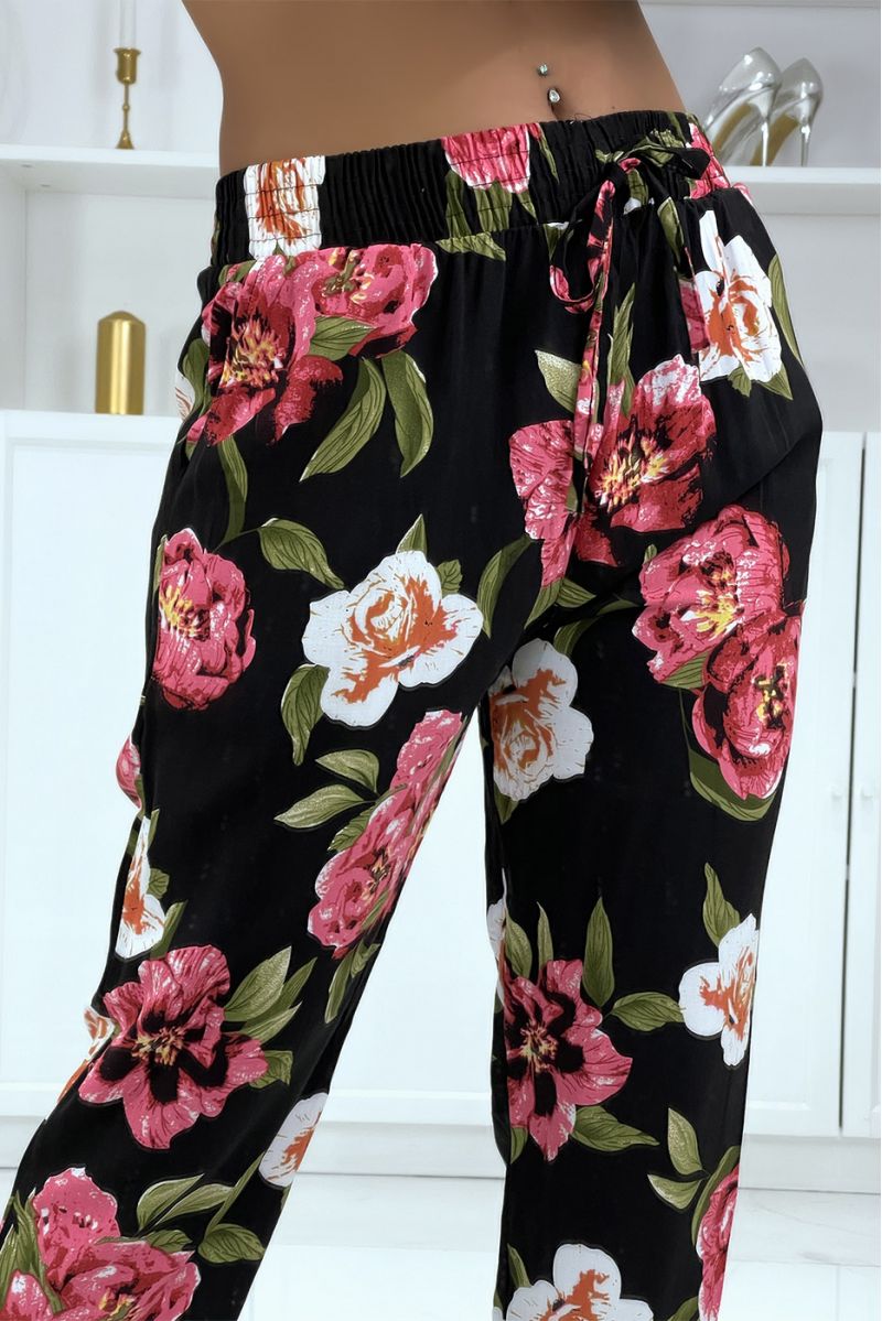 Pantalon fluide noir à motif floral B-11 - 2