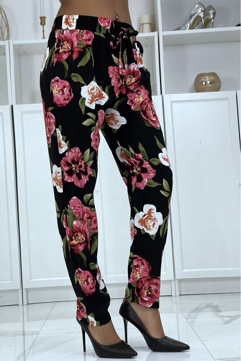 Pantalon fluide noir à motif floral B-11 - 3