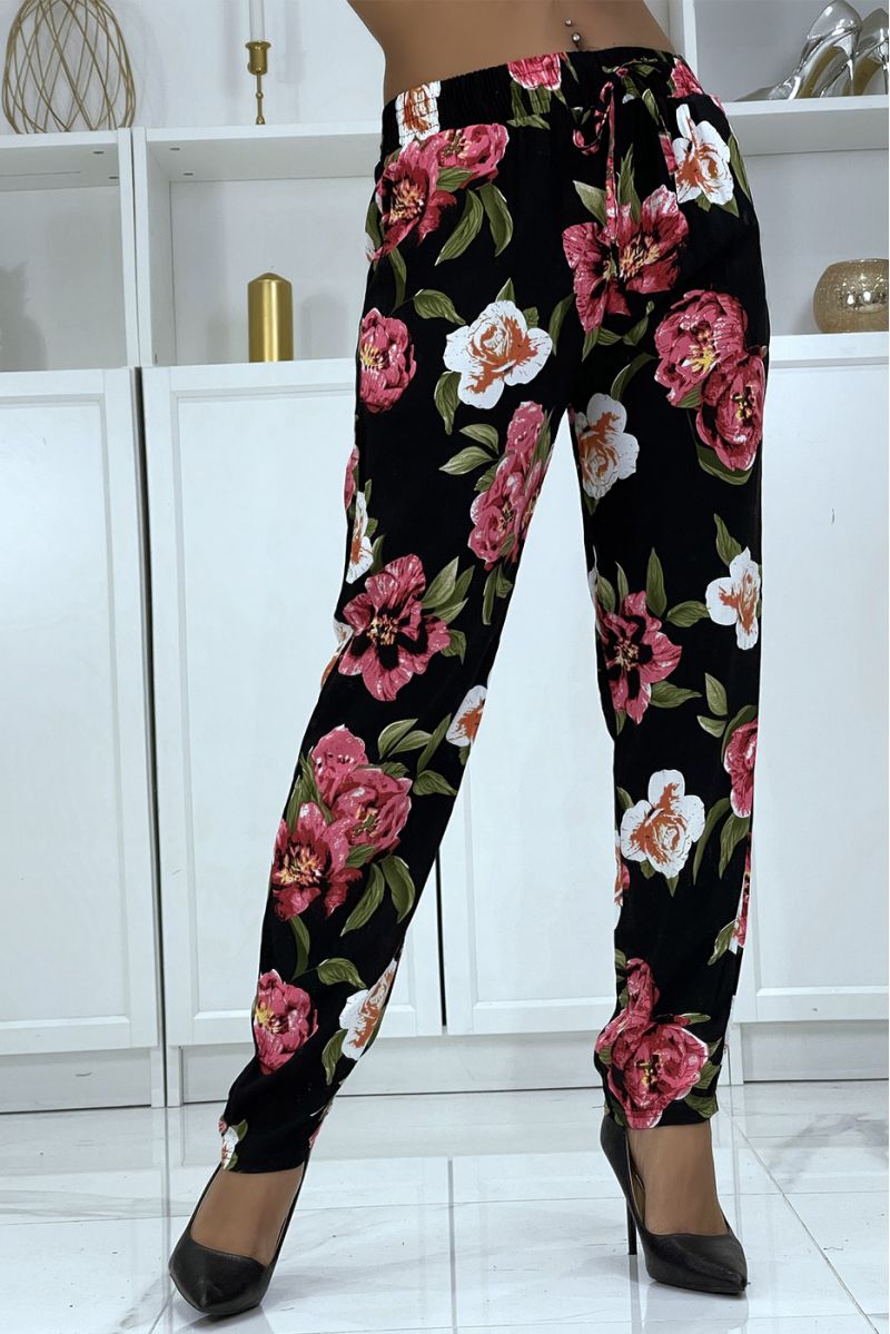 Pantalon fluide noir à motif floral B-11 - 4