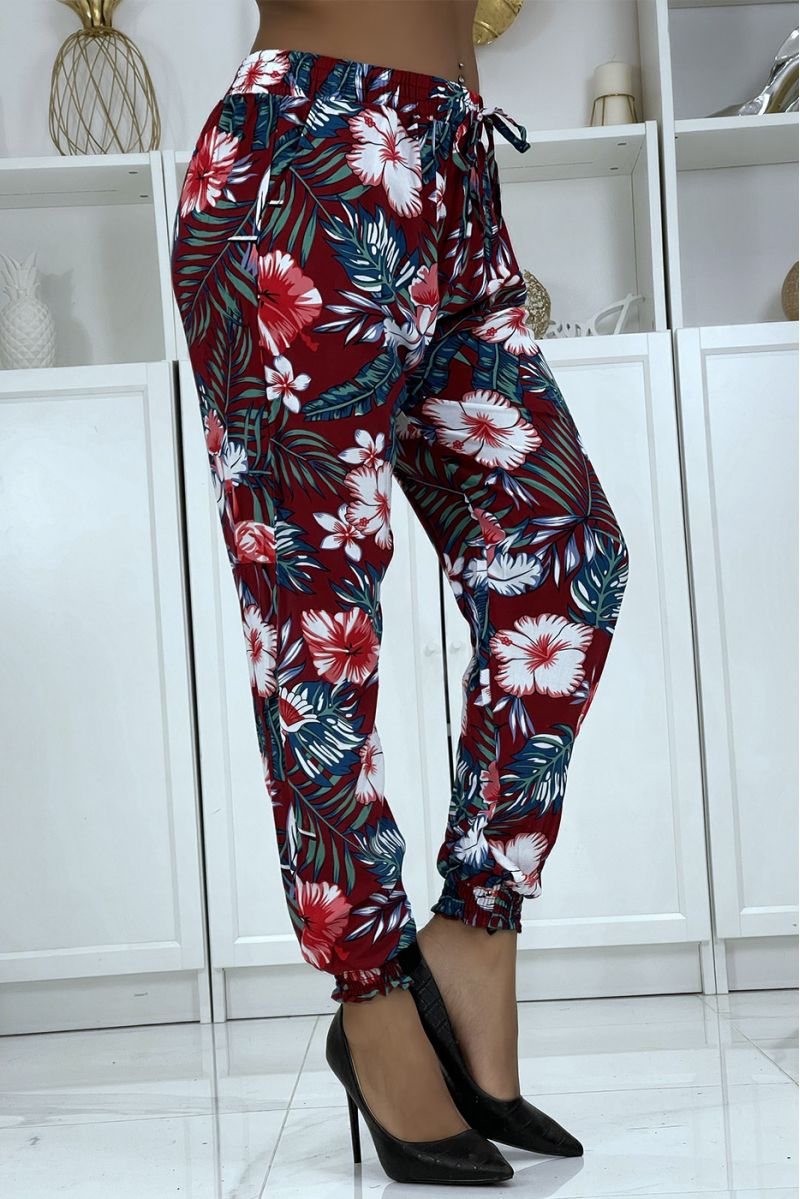 Flowing burgundy pants with floral pattern a-45 - 3