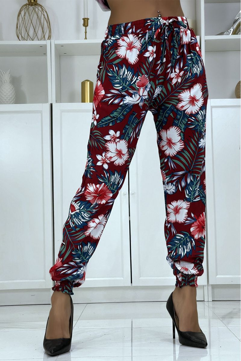 Flowing burgundy pants with floral pattern a-45 - 4