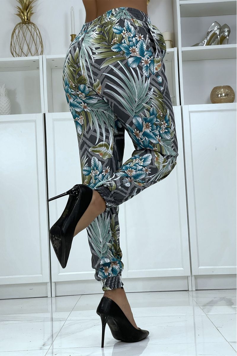 Flowing gray pants with floral pattern a-14 - 1