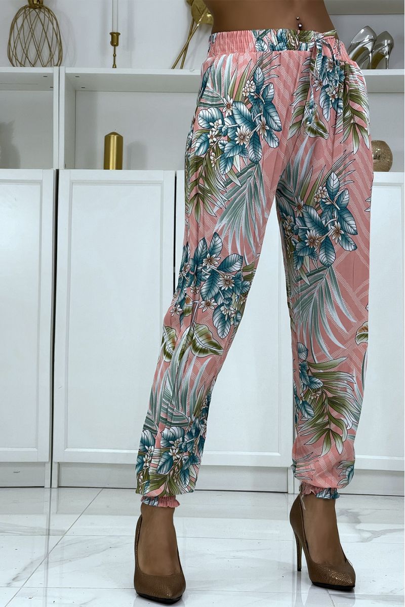 Flowing pink pants with floral pattern a-14 - 2