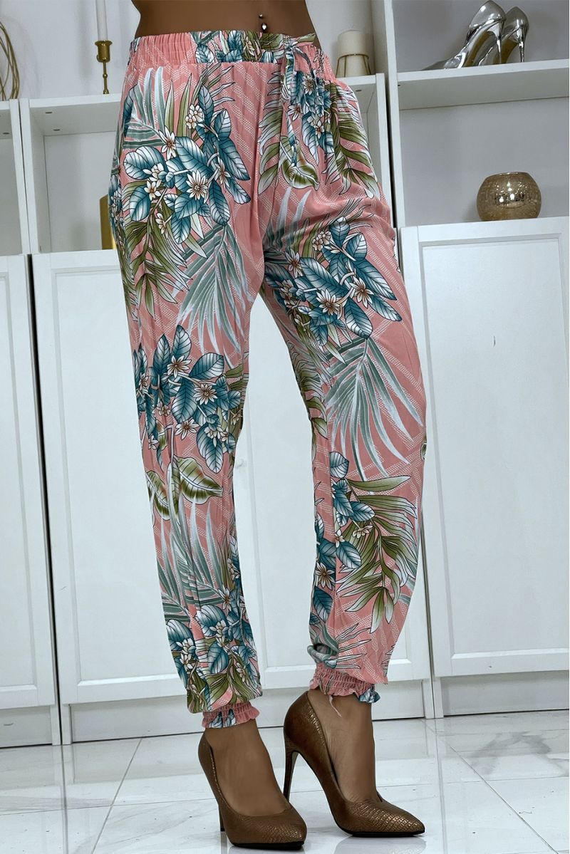 Pantalon fluide rose à motif floral a-14 - 4