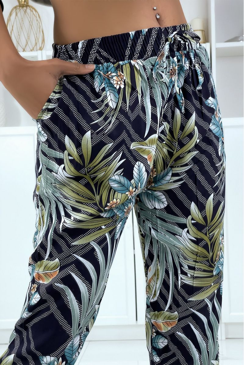 Fluid navy pants with floral pattern a-14 - 1