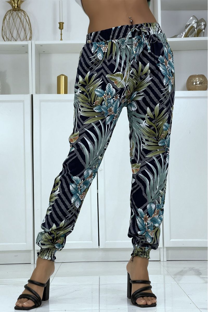 Fluid navy pants with floral pattern a-14 - 3