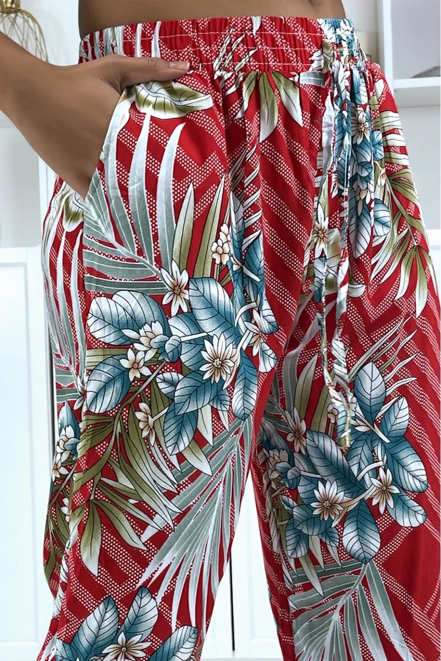 Fluid red pants with floral pattern a-14 - 1