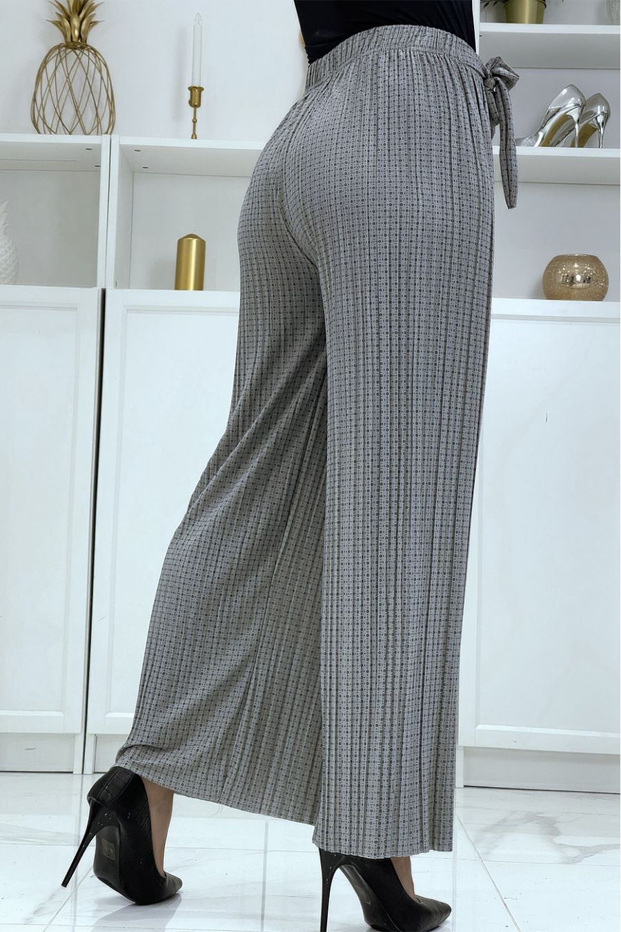 Grijze soepelvallende broek met print - 1