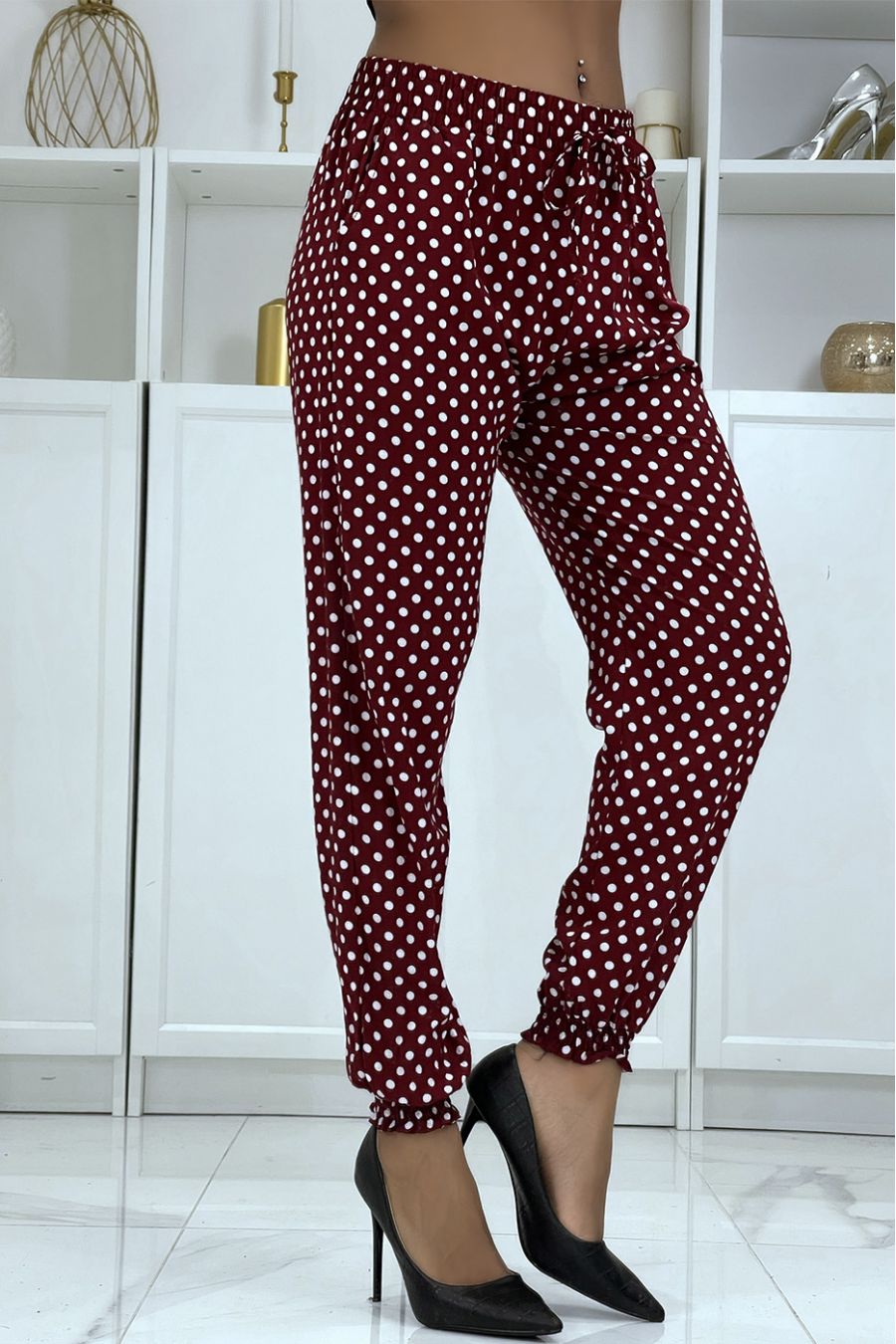 Pantalon fluide bordeaux à pois A-5 - 2