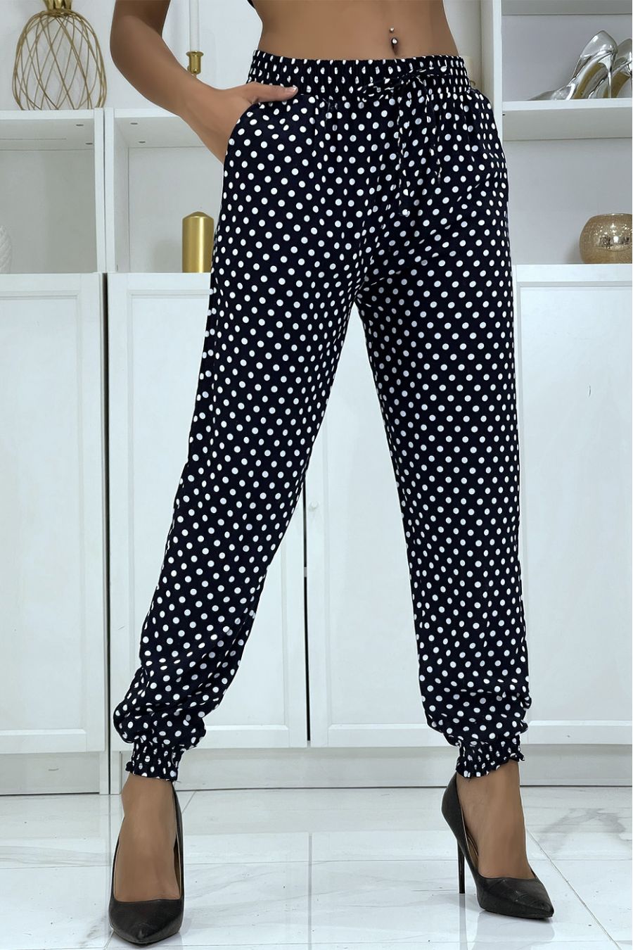 Fluid navy polka dot pants A-5 - 1