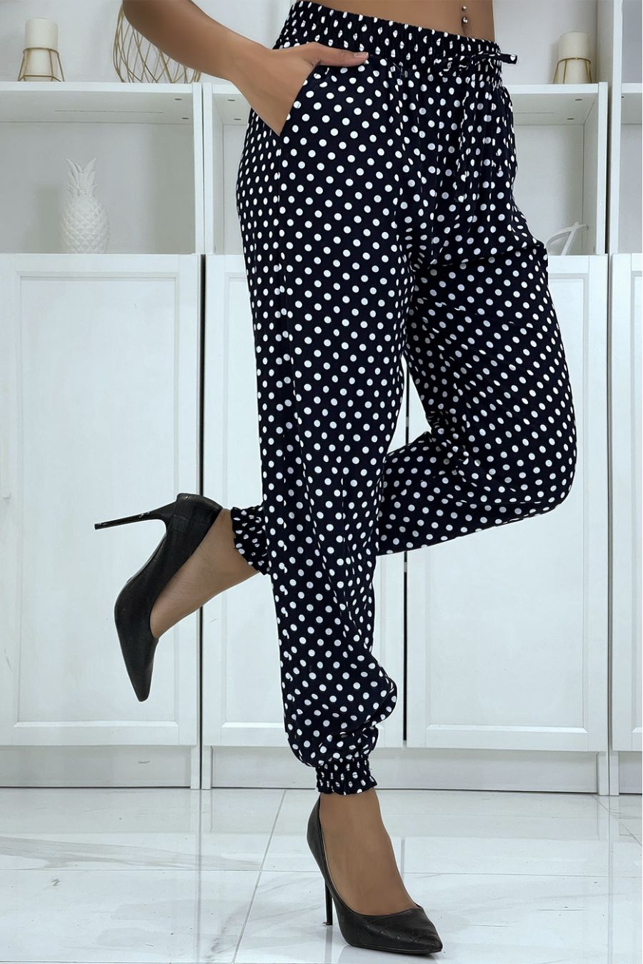 Pantalon fluide marine à pois A-5 - 2