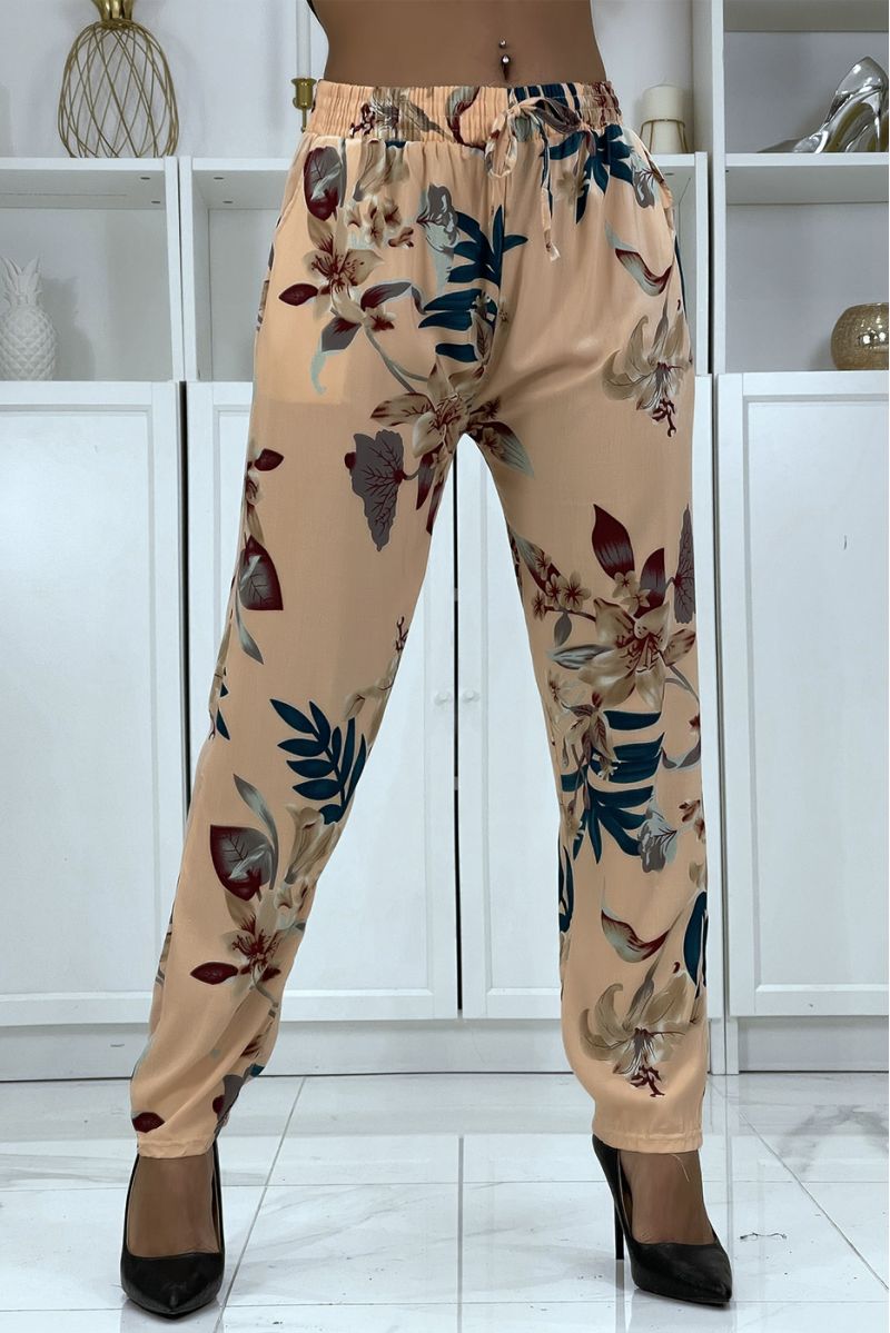 Flowing pink pants with floral pattern B-36 - 1