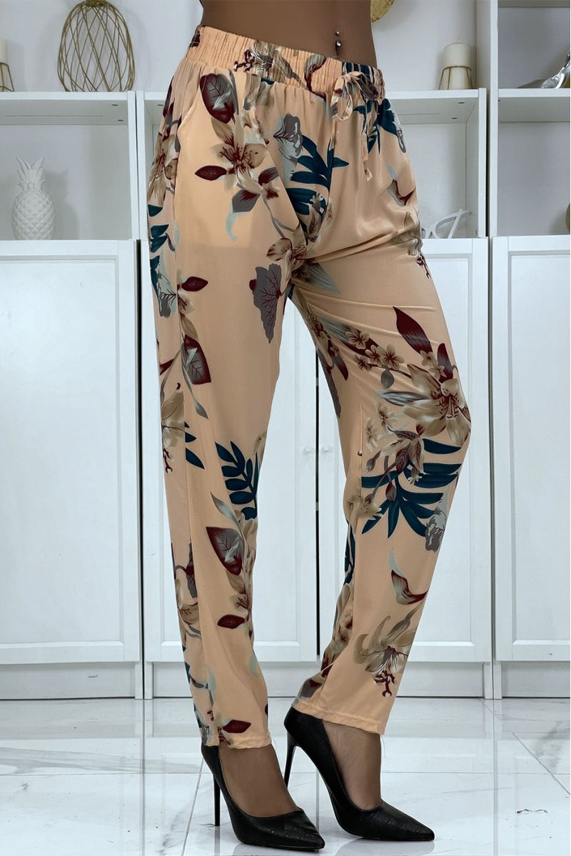 Flowing pink pants with floral pattern B-36 - 2