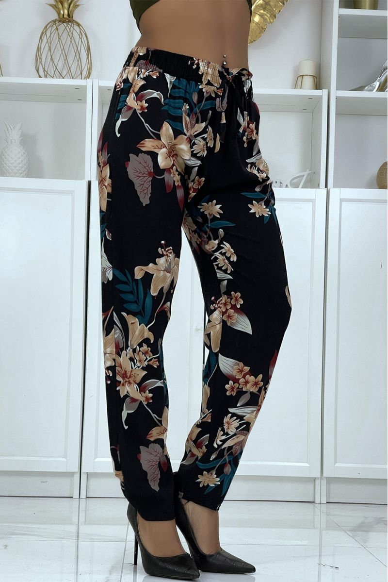 Pantalon fluide noir à motif floral B-36 - 2