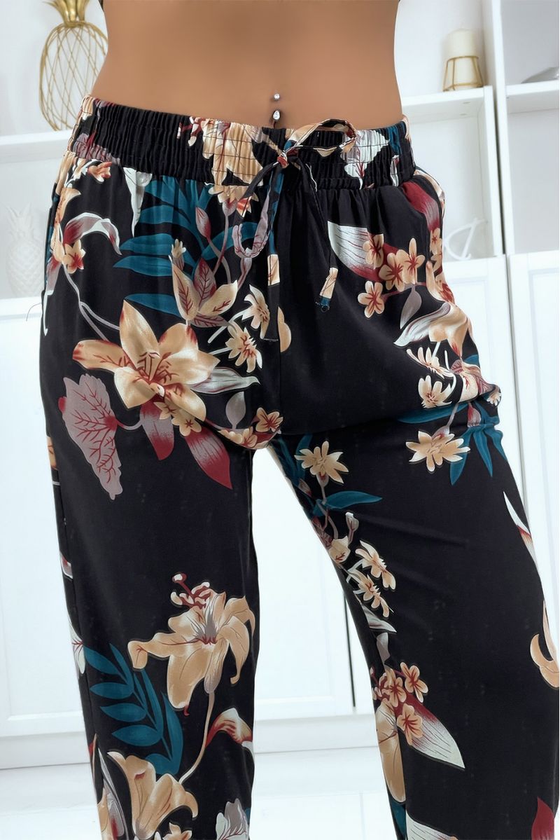 Pantalon fluide noir à motif floral B-36 - 3