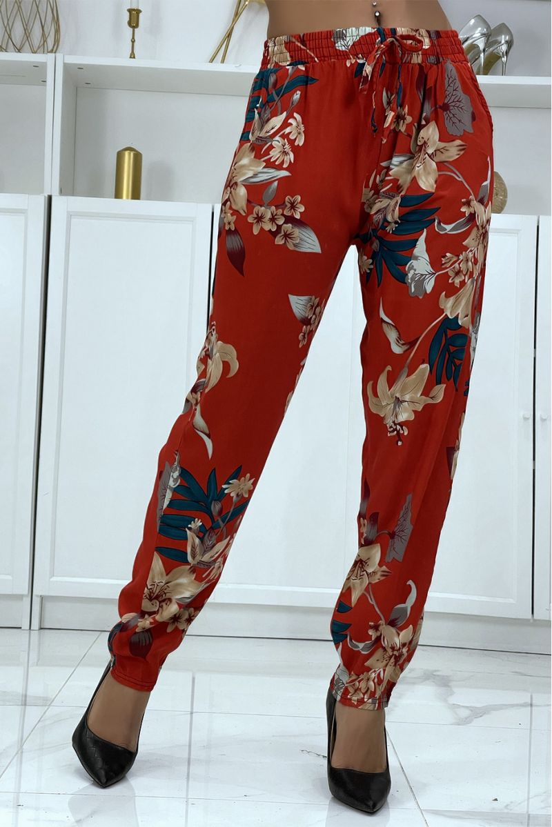 B-36 red flowing trousers with floral pattern - 1