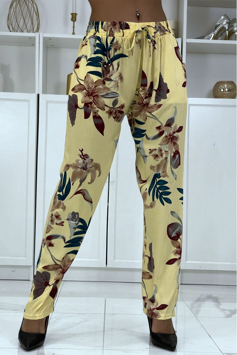 Fluid yellow pants with floral pattern B-36 - 1