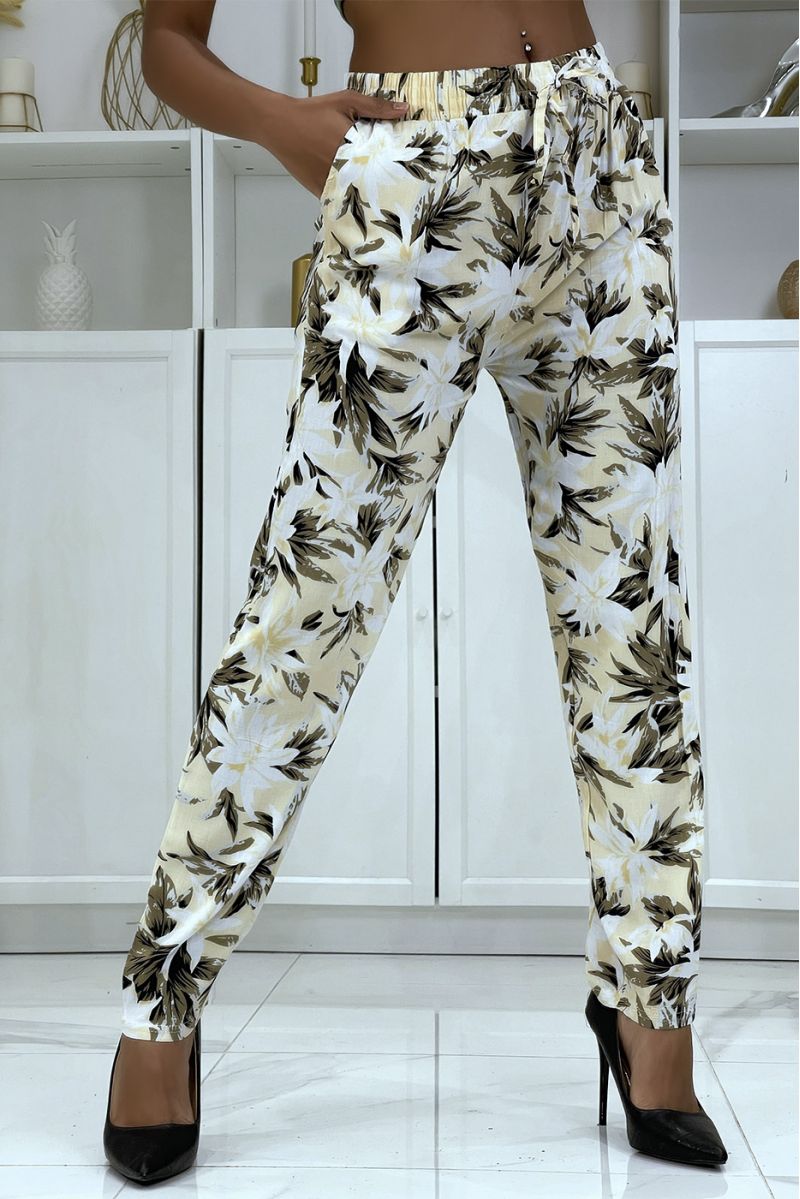 Pantalon fluide beige à motif floral B-10 - 2
