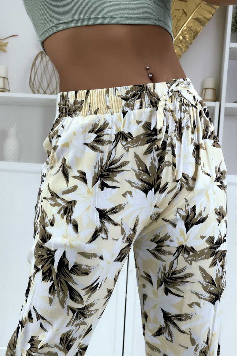 Pantalon fluide beige à motif floral B-10 - 4