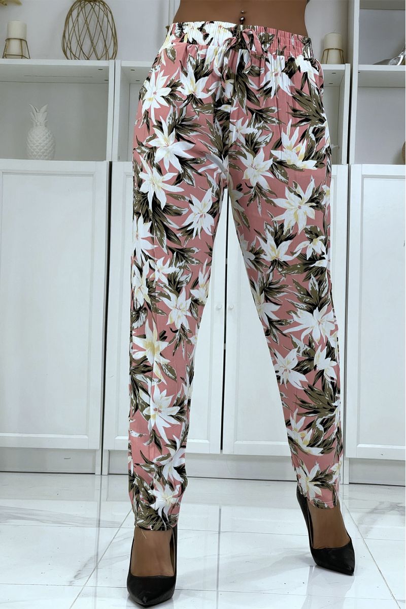 Pantalon fluide rose à motif floral B-10 - 3