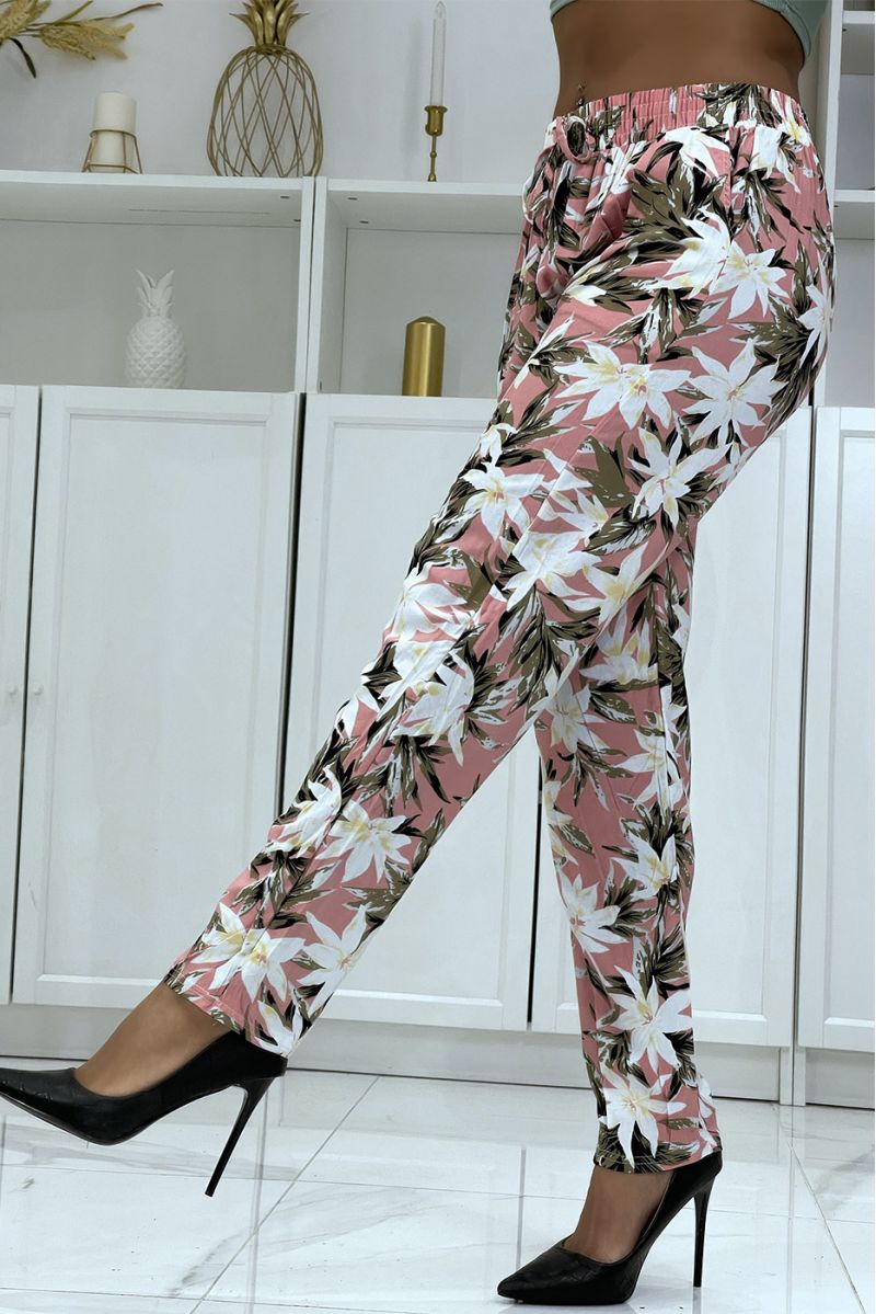 Pink flowing pants with floral pattern B-10 - 4
