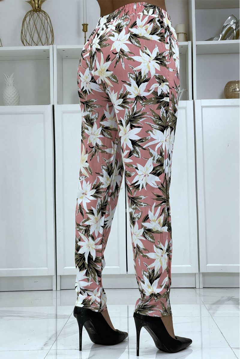 Pantalon fluide rose à motif floral B-10 - 5