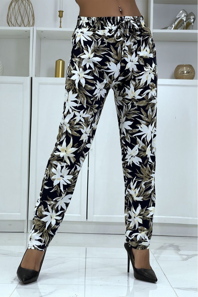 Fluid navy pants with floral pattern B-10 - 1