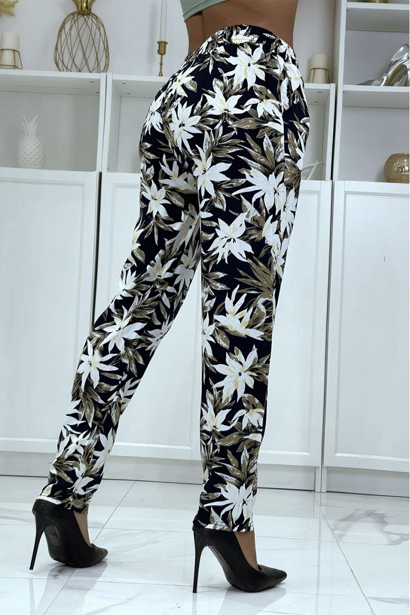 Fluid navy pants with floral pattern B-10 - 3