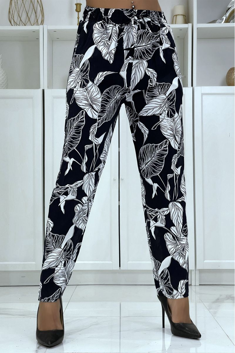 Fluid navy pants with floral pattern B-31 - 1