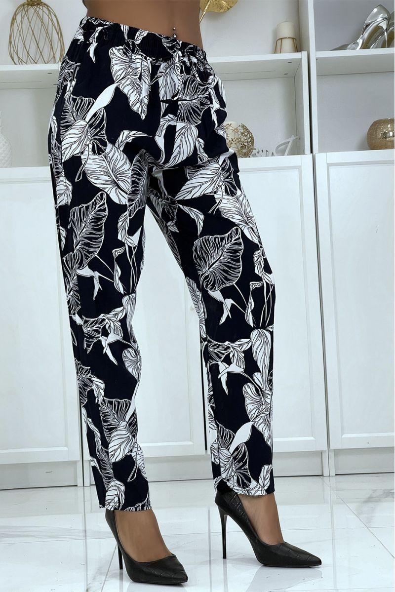 Fluid navy pants with floral pattern B-31 - 2