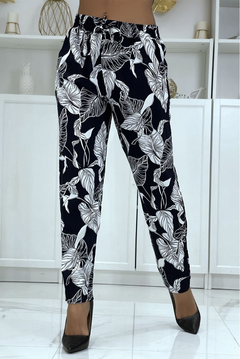 Fluid navy pants with floral pattern B-31 - 3