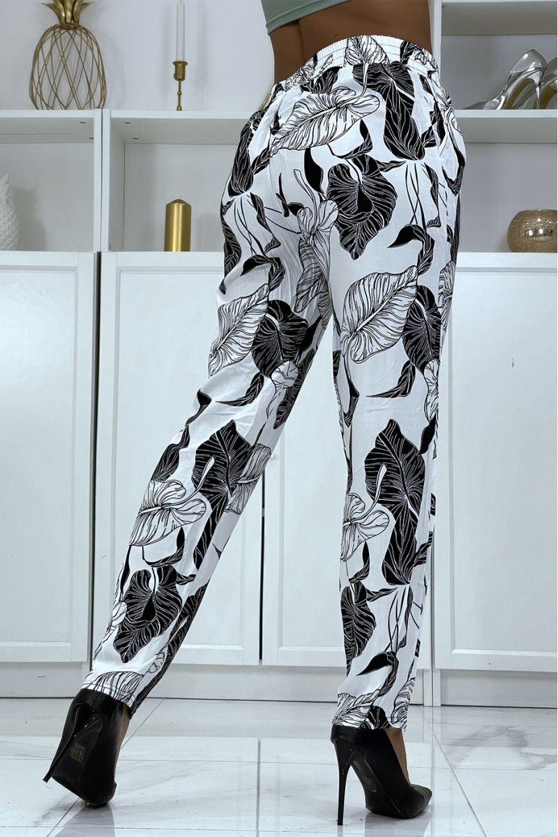 Pantalon fluide blanc à motif floral B-31 - 4