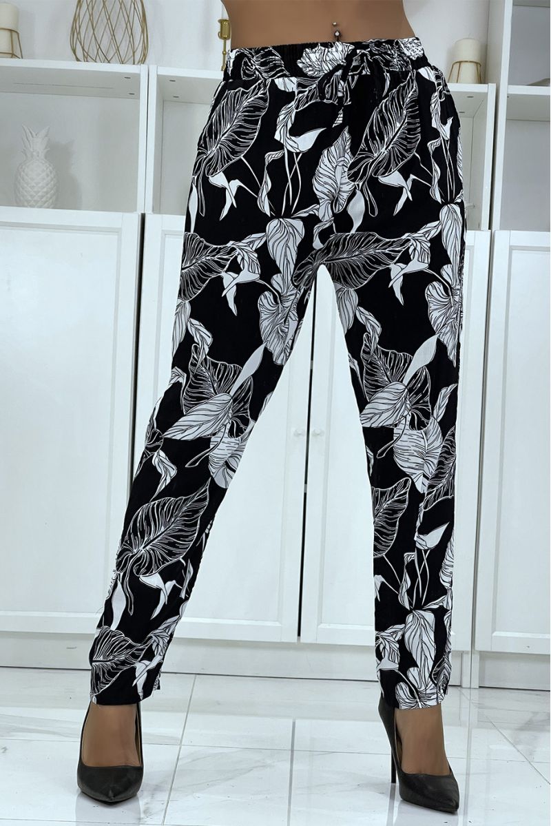 Pantalon fluide noir à motif floral B-31 - 2