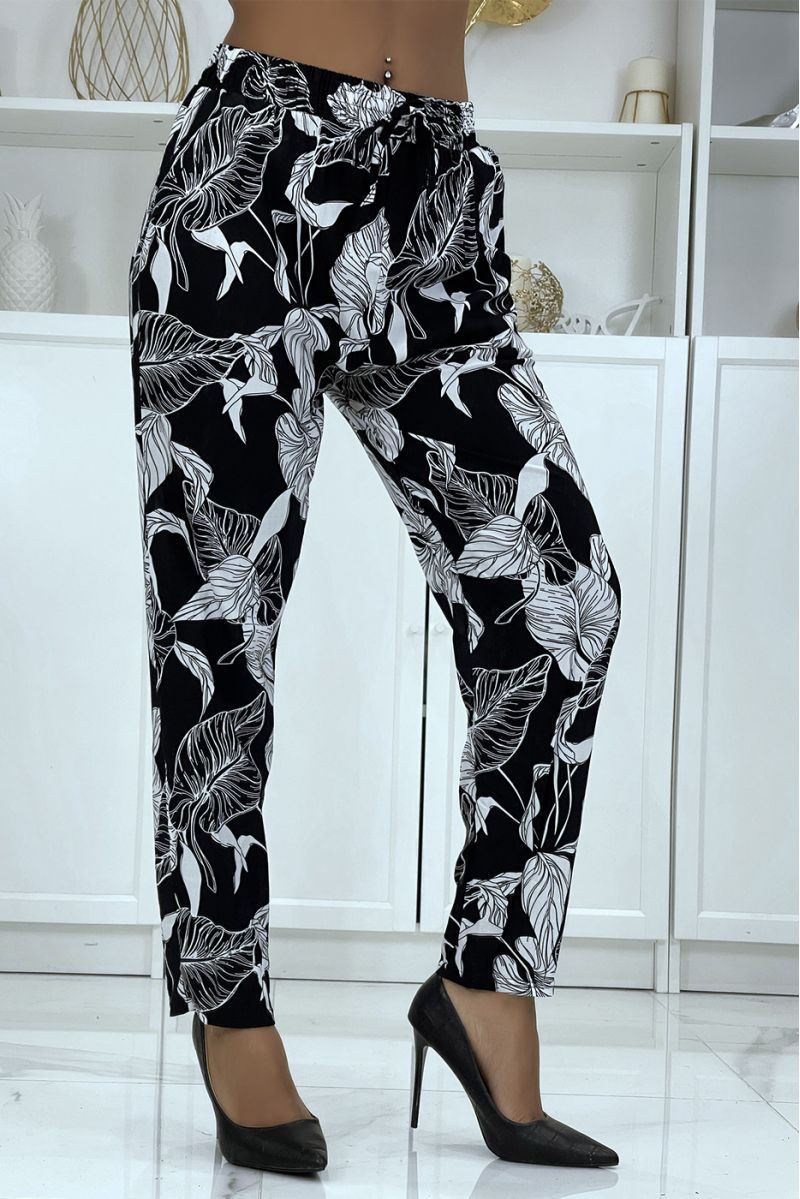 Fluid navy pants with floral pattern B-59