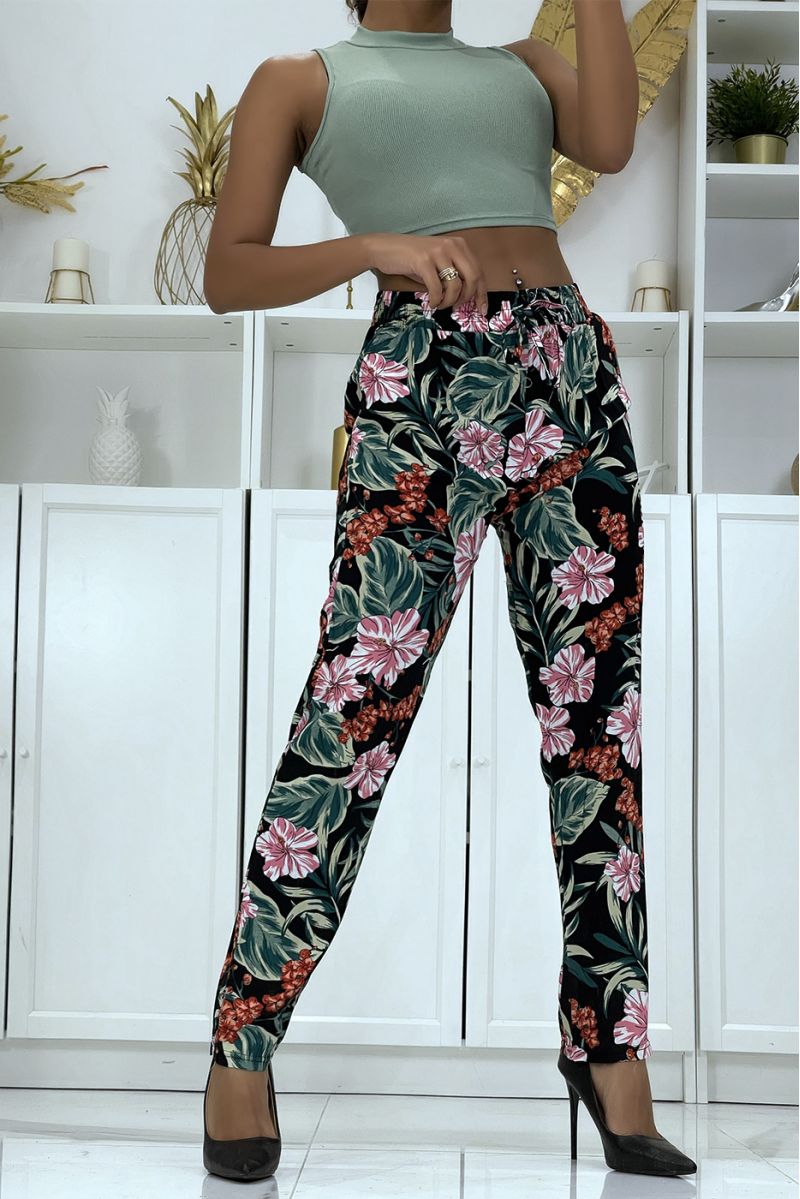 B-21 black flowing pants with floral pattern - 1