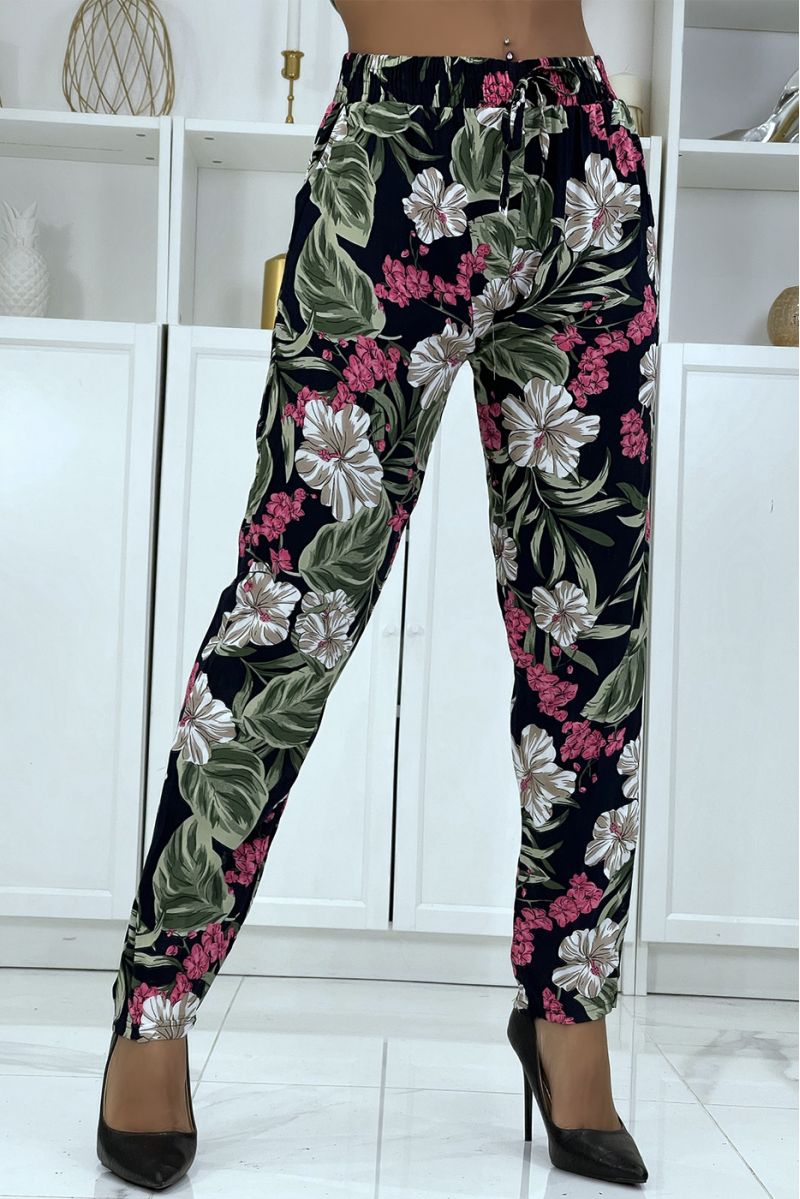 Fluid navy pants with floral pattern B-21 - 1