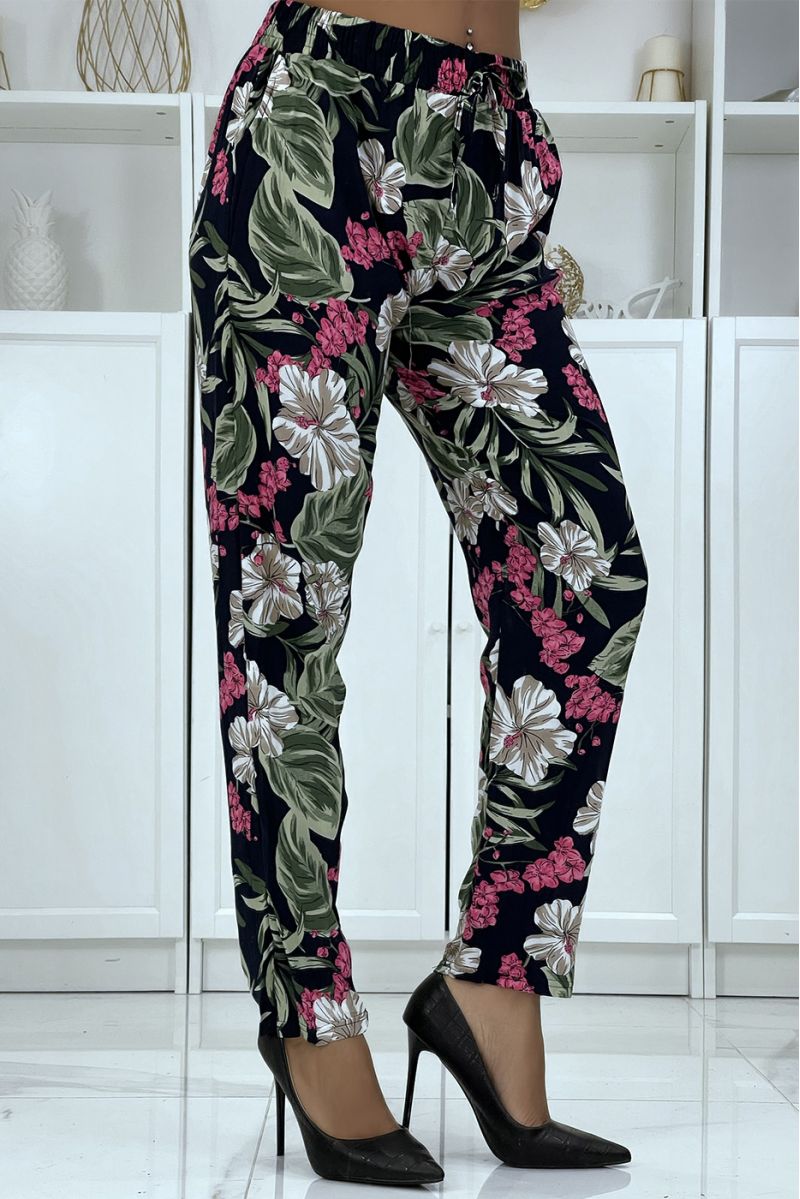 Fluid navy pants with floral pattern B-21 - 2